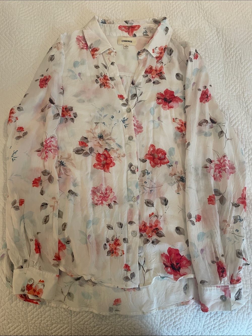L'AGENCE Camille Button-Down Blouse with Red & Pink Floral Print